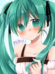  blush character_name green_eyes green_hair hair_ribbon hatsune_miku hikari1989 long_hair ribbon solo twintails vocaloid 