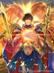  1girl 2boys armor black_coat blue_cape blue_gloves brown_eyes brown_hair cape cloud coat cuan_(fire_emblem) ethlin_(fire_emblem) father_and_son fire_emblem fire_emblem:_seisen_no_keifu fire_emblem:_thracia_776 fire_emblem_cipher gloves holding holding_spear holding_sword holding_weapon horse husband_and_wife leaf_(fire_emblem) long_hair male_focus mother_and_son multiple_boys nintendo official_art pauldrons pink_eyes pink_hair polearm ponytail short_hair shoulder_armor sidelocks solo spear sunset suzuki_rika sword weapon white_armor white_gloves 