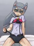  1girl animal_ears awa blue_eyes blush cameltoe cat_ears cathy_(yuu-gi-ou_zexal) glasses grey_hair long_hair smile yu-gi-oh! yuu-gi-ou_zexal 