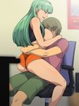  1boy 1girl ass bare_shoulders breast_smother breasts capcom chair clothed_sex demon_girl femdom green_hair gureko_rouman hug knees large_breasts legs morrigan_aensland open_mouth sex shiny shirt_lift shorts sideboob sitting smile spread_legs tongue vaginal vampire_(game) 