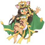 animal_ears ankle_lace-up anklet armpits barefoot bastet_(p&amp;d) blush_stickers cat_ears cat_tail cross-laced_footwear dark_skin egyptian fang feet full_body green_eyes happy highres jewelry long_hair midriff open_mouth oyatsu_(mk2) puzzle_&amp;_dragons simple_background smile soles solo tail toes white_background 
