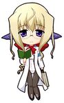  1girl blonde_hair bodysuit book chibi female frown glasses kyoukaisenjou_no_horizon long_hair pointy_ears purple_eyes solo thomas_shakespeare 