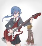  :/ blazer blonde_hair blue_eyes blue_hair closed_eyes cowboy_shot electric_guitar from_side guitar hair_ornament hairclip hatsune_miku highres instrument jacket kagamine_rin long_hair long_sleeves low_twintails multiple_girls music narisumashi_genga necktie playing_instrument pleated_skirt profile project_diva_(series) project_diva_f_2nd saku_qq school_uniform short_hair skirt striped striped_neckwear twintails vocaloid white_background 