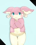  big_thighs blue_eyes blush breasts chubby cleavage clothed clothing crossed_arms female navel nintendo pok&#233;mon pok&eacute;mon pyu-tamn skimpy solo standing underwear video_games 