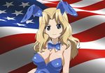  american_flag animal_ears artist_request blonde_hair blue_eyes blue_leotard bow bowtie breasts bunny_ears bunnysuit cleavage detached_collar fake_animal_ears flag_background girls_und_panzer kay_(girls_und_panzer) large_breasts leotard long_hair looking_at_viewer smile solo 