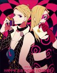  blonde_hair envelope formal gift jewelry jojo_no_kimyou_na_bouken letter long_hair mask melone multiple_boys necklace prosciutto purple_eyes redlark_(r083) short_hair suit 