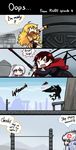  4koma ahoge anger_vein angry_birds banned_artist bird blake_belladonna blonde_hair bomb_(angry_birds) cape comic english gloves highres long_hair magic_circle multiple_girls open_mouth parody ponytail red_hair reef ruby_rose rwby scar scythe short_hair stick_figure weapon weiss_schnee white_hair yang_xiao_long 