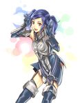  armor athenawyrm blue_eyes blue_hair boots cynthia_(fire_emblem) fire_emblem fire_emblem:_kakusei garter_straps gloves open_mouth short_hair short_twintails smile solo thigh_boots thighhighs twintails 