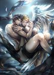  angel black_hair blonde_hair caesar_anthonio_zeppeli dkaki facial_mark highres hug hug_from_behind jojo_no_kimyou_na_bouken joseph_joestar_(young) multiple_boys nude realistic wings 