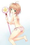  :d ass banned_artist barefoot bikini blue_background blush brown_hair cardcaptor_sakura flat_chest from_behind gradient gradient_background green_eyes highres hoshi_no_tsue kinomoto_sakura long_legs looking_at_viewer looking_back magical_girl n.g. open_mouth pink_bikini short_hair side-tie_bikini simple_background smile solo swimsuit wand white_background 