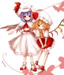  absurdres amanojaku ascot bad_id bad_pixiv_id bat_wings bent_over capelet curiosities_of_lotus_asia dress flandre_scarlet hat hat_ribbon highres long_sleeves looking_at_viewer multiple_girls one_eye_closed plant puffy_sleeves red_eyes red_skirt remilia_scarlet ribbon sash shirt short_sleeves siblings side_ponytail silhouette sisters skirt smile touhou v_arms vines white_dress wings 