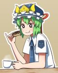  :t alison_(alison_air_lines) black_eyes coffee coffee_mug contemporary cup doughnut eating food green_hair hat mug necktie pinky_out police police_badge police_uniform shiki_eiki shirt short_hair simple_background solo steam table touhou uniform 