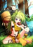  boned_meat dkaki eating food green_hair meat midriff monkey original paw_shoes rags red_eyes shoes sitting solo tree 