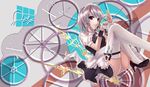  braid gears highres izayoi_sakuya knife koyomaru maid maid_headdress panties pantyshot pocket_watch red_eyes ribbon roman_numerals short_hair silver_hair solo thigh_strap thighhighs touhou twin_braids underwear watch white_legwear white_panties 