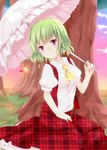  ajiriko ascot autumn_leaves bad_id bad_pixiv_id banned_artist blush cloud green_hair kazami_yuuka open_clothes open_vest parasol pink_eyes puffy_sleeves shirt short_sleeves sitting skirt skirt_set sky solo sunset touhou tree umbrella vest 