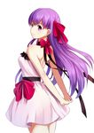  bare_shoulders bow dress fate/stay_night fate_(series) from_behind hair_ribbon long_hair looking_back matou_sakura neko_kuriya purple_eyes purple_hair ribbon smile solo 