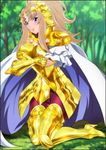  alternate_hairstyle aquila_yuna armor boots breasts brown_hair cape cosplay crossed_arms forest gemini_paradox gemini_paradox_(cosplay) high_heels highres kneeling large_breasts lips lipstick long_hair makeup mask nature ponytail purple_eyes saint_seiya saint_seiya_omega smile solo tiara tree yadokari_genpachirou 