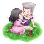  1girl black_hair brother_and_sister buck_teeth child dress grey_hair hirota_(aliosn) jean_pierre_polnareff jewelry jojo_no_kimyou_na_bouken necklace sherry_polnareff siblings younger 