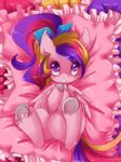  blush bow clasherz equine female feral friendship_is_magic hair horn horse long_hair looking_at_viewer lying mammal multi-colored_hair my_little_pony on_back pegasus pillow pony princess_cadance_(mlp) purple_eyes royalty smile solo winged_unicorn wings 