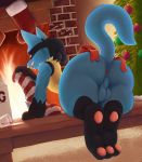  2018 anthro anus backsack balls beverage big_butt black_fur blue_fur bow brick butt canine carpet cewljoke christmas christmas_tree claws clothing cup detailed_background dialogue dildo drooling drunk eggnog english_text equine_dildo fangs festive fire fireplace fur holidays inside legwear looking_at_viewer looking_back lucario male mammal nintendo nude ornaments pawpads pok&eacute;mon pok&eacute;mon_(species) presenting presenting_hindquarters rear_view red_eyes saliva sex_toy signature smile solo spike_(disambiguation) stockings text thick_thighs tree video_games yellow_fur 