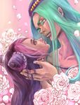  1girl bad_id bad_pixiv_id double_bun flower green_eyes green_hair hat hetero jojo_no_kimyou_na_bouken kuujou_jolyne long_hair narciso_anasui petals pink_hair purple_hair rose usamichan white_flower white_rose 