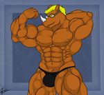  2013 abs anthro biceps big_muscles clothing eyewear flexing goggles hair hand_behind_head horn male muscles nipples orange_skin pecs rhinoceros saixyuniz-xynz smile solo speedo swimsuit zakrhyno 