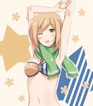  ;d armpits arms_up bad_id bad_pixiv_id bikini brown_hair green_eyes green_scarf hiiragi_hajime navel one_eye_closed open_mouth original scarf short_hair smile solo swimsuit 