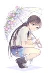  ankle_boots black_hair boots bunny flower full_body hair_bobbles hair_ornament long_hair original seuga smile solo squatting twintails umbrella white_background 