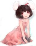  animal_ears bad_id bad_pixiv_id bare_arms bare_shoulders black_hair bunny bunny_ears bunny_tail carrot carrot_necklace dress highres inaba_tewi jewelry looking_at_viewer maccha_cocoa_(mococo) necklace open_mouth pendant pink_dress red_eyes short_hair sitting sleeveless sleeveless_dress smile solo tail touhou 