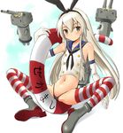  &gt;_&lt; :3 black_eyes blonde_hair boots closed_eyes elbow_gloves gloves grey_footwear hairband innertube kantai_collection long_hair navel panties rensouhou-chan shimakaze_(kantai_collection) shuuji_(shumi) solo spread_legs striped striped_legwear thighhighs triangle_mouth underwear |_| 