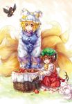  animal_ears apple bad_id bad_pixiv_id basket blonde_hair bow brown_eyes brown_hair cat_ears cat_tail chen dress flying food fox_tail fruit hat hat_ribbon inubashiri_momiji inubashiri_momiji_(wolf) kedama kneeling kyuubi long_sleeves mask multiple_girls multiple_tails nekomata o_o open_mouth pillow_hat red_dress ribbon shameimaru_aya shameimaru_aya_(crow) shirt smile tabard tail tokin_hat touhou white_dress wide_sleeves wolf yakumo_ran yellow_eyes yudaoshan 