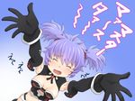  :o altines bangs black_gloves blue_background blue_hair blush breasts brooch busou_shinki cleavage cleavage_cutout closed_eyes detached_sleeves dutch_angle flying_teardrops gloves gradient gradient_background jewelry meow_(nekodenki) midriff open_mouth outstretched_arms scrunchie short_hair short_twintails small_breasts solo tears translated twintails 