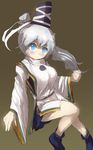  blue_eyes breasts danbo_(rock_clime) hat highres japanese_clothes medium_breasts mononobe_no_futo ponytail solo tate_eboshi touhou white_hair wide_sleeves 