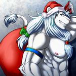  abs anthro biceps blue_fur blue_hair christmas fangs feline fliegen80s fur grin hair hat holidays lion looking_at_viewer male mammal muscles nipples pecs pose smile solo standing teeth toned topless white_fur white_lion 