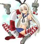  &gt;_&lt; :3 black_eyes blonde_hair boots closed_eyes elbow_gloves gloves grey_footwear hairband innertube kantai_collection long_hair navel panties rensouhou-chan shimakaze_(kantai_collection) shuuji_(shumi) skirt solo spread_legs striped striped_legwear thighhighs triangle_mouth underwear |_| 