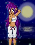  blue_eyes breasts cleavage dark_skin jezmm midriff moon night pajamas purple_hair shantae shantae_(character) wayforward 