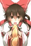  ascot bad_id bad_pixiv_id baguette blush bow bread brown_eyes brown_hair detached_sleeves eating food hair_bow hair_tubes hakurei_reimu highres long_hair open_mouth ribbon ringed_eyes sexually_suggestive solo soratoa touhou 