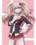  bad_id bad_pixiv_id blue_eyes danganronpa danganronpa_1 enoshima_junko hair_ornament hand_on_hip highres long_hair loose_necktie mosan necktie pink_hair ribbon sleeves_rolled_up smile solo spoilers tongue twintails 