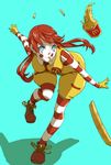  aqua_eyes bad_anatomy bent_over clown food french_fries gloves highres long_hair mcdonald's mouth_hold pantyhose red_hair shoes smile solo striped striped_legwear velzhe yellow_gloves 