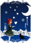  black_cat blue_eyes bow cat child crescent_moon dress frederica_bernkastel frederica_bernkastel_(cat) hair_bobbles hair_ornament heart kneehighs kurahika moon profile red_hair snowflakes source_quote star translated umineko_no_naku_koro_ni ushiromiya_ange white_legwear younger 