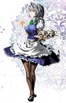  apron blue_dress braid brown_legwear dress grey_eyes highres izayoi_sakuya maid maid_headdress pantyhose puffy_sleeves shirt silver_hair solo tea_set teapot touhou tray twin_braids umigarasu_(kitsune1963) waist_apron 