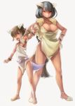 anklet bare_legs black_hair braid breasts claws cleavage dark_skin gen_1_pokemon hand_on_hip horns jewelry kangaskhan large_breasts loincloth long_hair mega_kangaskhan mega_pokemon mother_and_daughter multiple_girls naso4 personification pokemon prehistoric red_eyes sandals short_hair simple_background single_braid tail very_long_hair wrist_cuffs 