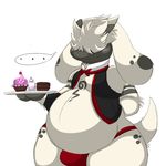  2013 anthro blush bow_tie bulge butler canine clothing cookie cupcake dog fur furfrou hair male mammal nintendo obese open_shirt overweight plain_background pok&#233;mon pok&eacute;mon poodle puffedup shirt smile solo standing tray underwear video_games waiter white_background white_fur wide_hips 