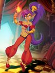  bare_shoulders blue_eyes breasts checkered checkered_floor cleavage commentary_request dark_skin earrings fire flame genzoman hand_on_hip high_ponytail jewelry long_hair medium_breasts navel pointy_ears ponytail purple_hair see-through shantae_(character) shantae_(series) smile solo very_long_hair 