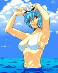  adjusting_goggles armpits arms_up ayanami_rei bikini blue_hair breasts cleavage cloud day goggles goggles_on_head large_breasts looking_at_viewer navel neon_genesis_evangelion parted_lips red_eyes short_hair solo swimsuit velzhe wading water wet white_bikini 