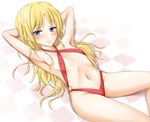  arm_up armpits blonde_hair blue_eyes blush covered_nipples flat_chest frenda_seivelun long_hair looking_at_viewer p-tana slingshot_swimsuit solo swimsuit to_aru_kagaku_no_railgun to_aru_majutsu_no_index 