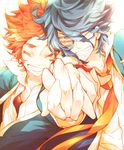  blue_hair closed_eyes fushimi_saruhiko glasses grin holding_hands k_(anime) levi-kuroko multiple_boys orange_hair short_hair smile yata_misaki 