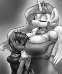 anthro anthrofied big_breasts blush breasts cleavage clothed clothing crown duo equine eyes_closed female friendship_is_magic horn horse huge_breasts jewelry looking_back mammal monochrome my_little_pony necklace phurie pony princess_celestia_(mlp) smile twilight_sparkle_(mlp) unicorn winged_unicorn wings 