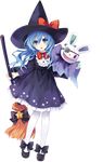  blue_eyes blue_hair broom date_a_live full_body halloween_costume hand_puppet hat highres novel_illustration pantyhose puppet ribbon solo transparent_background tsunako witch_hat yoshino_(date_a_live) yoshinon 