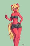  alasou anthro anthrofied big_macintosh_(mlp) blonde_hair blush cleavage clothed clothing crossgender equine female freckles friendship_is_magic green_eyes hair horse mammal my_little_pony navel plain_background pony shorts solo standing wheat 